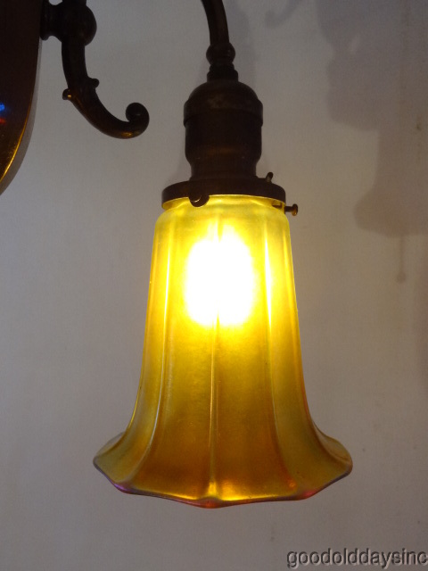 Antique Brass 3 Light Chandelier with Signed Steuben Glass Shades Lighting
