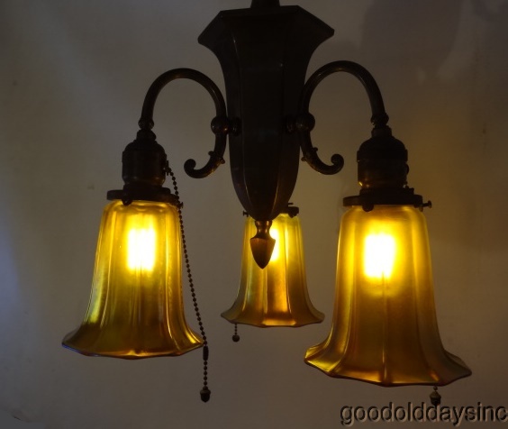 Antique Brass 3 Light Chandelier with Signed Steuben Glass Shades Lighting
