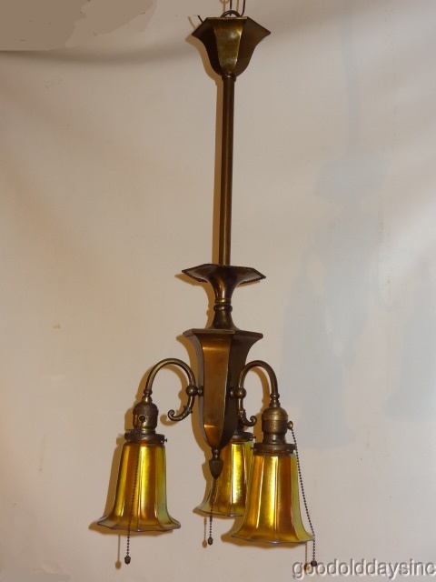 Antique Brass 3 Light Chandelier with Signed Steuben Glass Shades Lighting