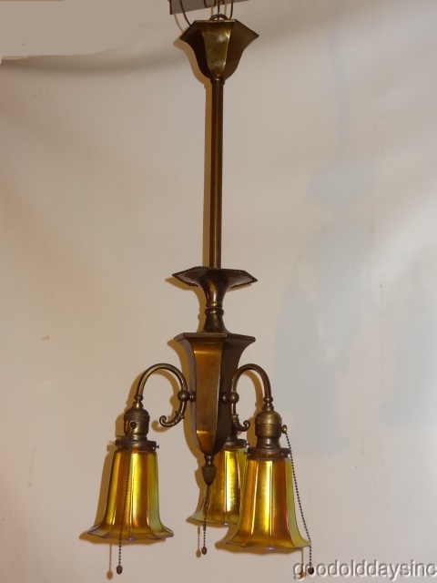 Antique Brass 3 Light Chandelier with Signed Steuben Glass Shades Lighting