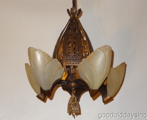 Antique Beardslee Chandelier Lighting Art Deco Batwing Slip Shade 5 Bulb