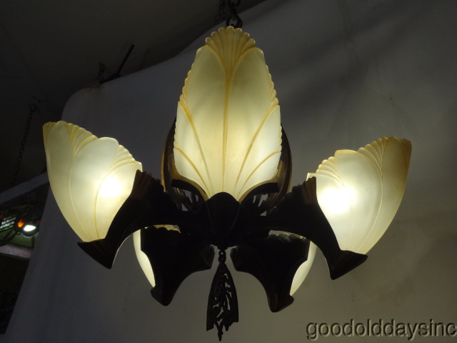 Antique Beardslee Chandelier Lighting Art Deco Batwing Slip Shade 5 Bulb