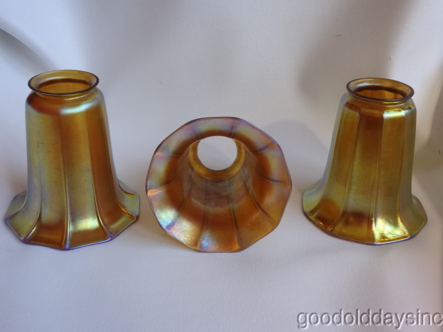 Antique Brass 3 Light Chandelier with Signed Steuben Glass Shades Lighting