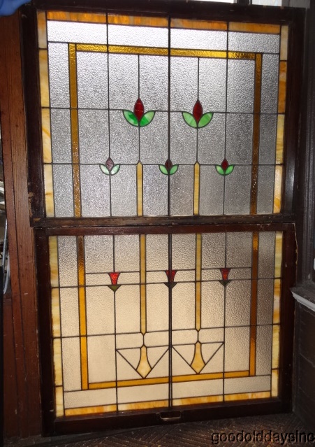 Pair of Antique Double Hung, Stained Glass Privacy Windows 40 x 62 (combined)