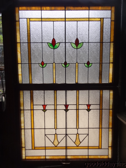 Pair of Antique Double Hung, Stained Glass Privacy Windows 40 x 62 (combined)