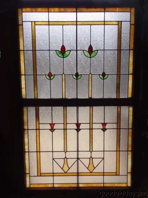 Pair of Antique Double Hung, Stained Glass Privacy Windows 40 x 62 (combined)