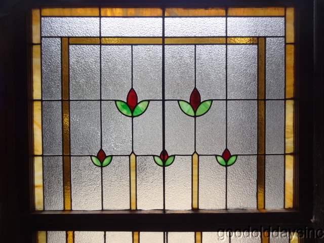 Pair of Antique Double Hung, Stained Glass Privacy Windows 40 x 62 (combined)