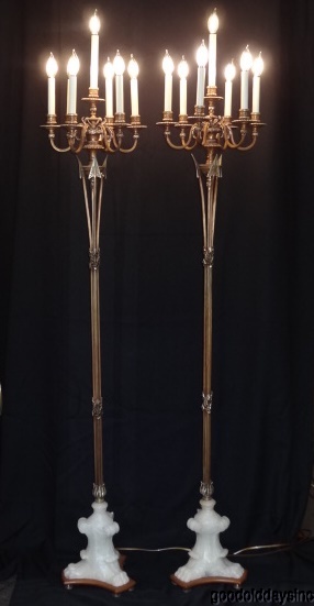 Exceptional Pair of 1920s Brass and Alabaster Candelabra/Torchiere Floor Lamps