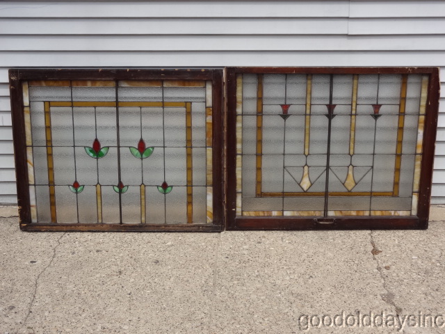Pair of Antique Double Hung, Stained Glass Privacy Windows 40 x 62 (combined)