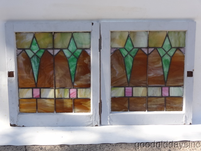 Pair of Colorful Stained Glass Bungalow Windows 22" x 25" - Chicago Privacy Glass