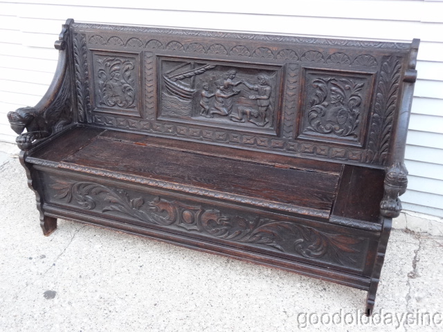 Antique+Solid+Oak+Storage+Bench+-+Carved+Oak+with+Griffins