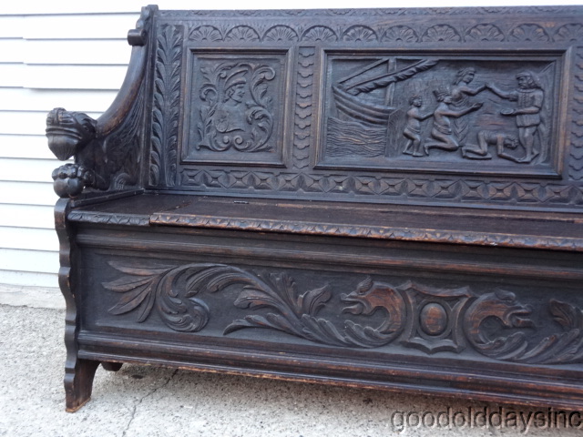Antique Solid Oak Storage Bench - Carved Oak with Griffins