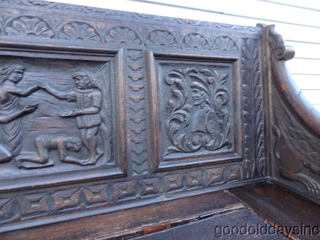 Antique Solid Oak Storage Bench - Carved Oak with Griffins