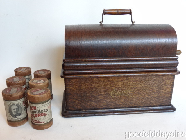 Edison Home Cylinder Oak Phonograph w Lid Reproducer Crank Original
