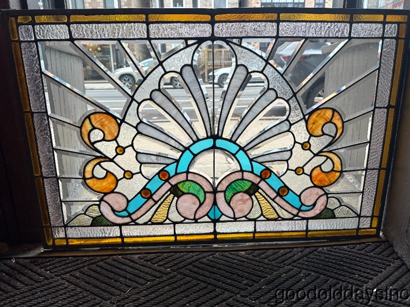 Pair of Old Chicago Stained Beveled & Jeweled Glass Transom Windows Circa. 1890 39" x 25"