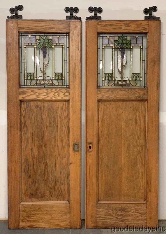 Huge Beautiful Antique Oak Arts & Crafts Pocket Doors w/ Stained Glass Ca. 1900