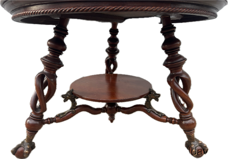 Antique Merklen Bros 38" Carved Wood Spiral Lamp Table w Brass Claw Barley Twist