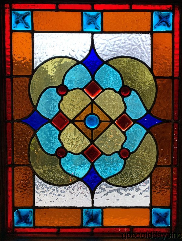 Antique 1880s Victorian Stained Leaded Glass Window w/ Chunk Jewels 28" x 22"