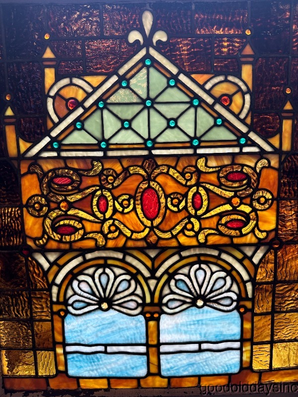 Wow Beautiful Antique Chicago Stained Glass Window Ripple Glass W/ Jewels c.1905