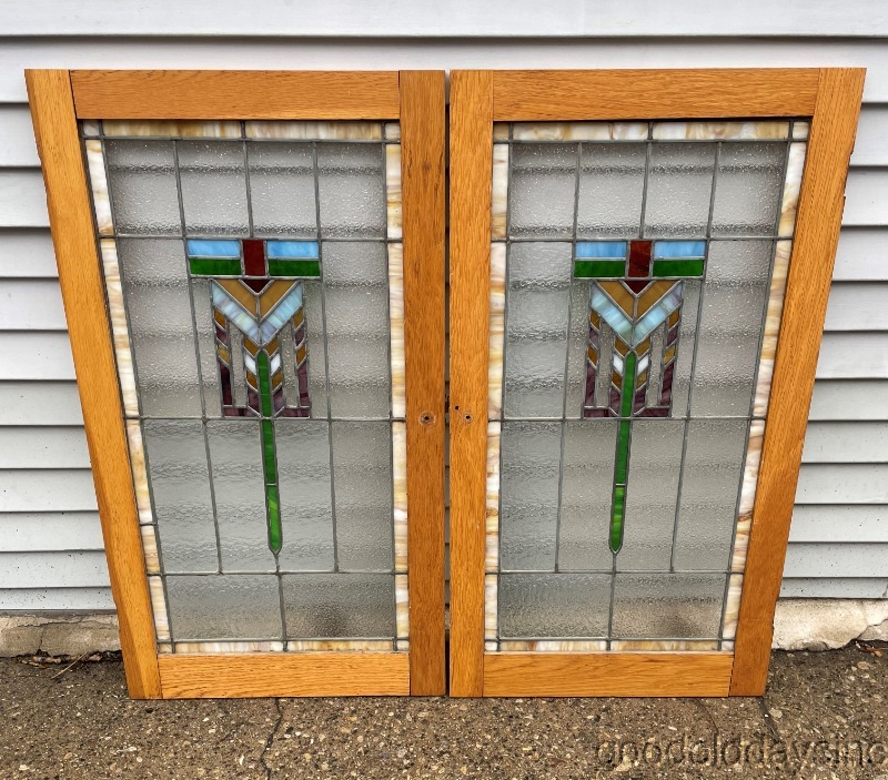Antique Art Deco Arts & Crafts Stained Leaded Glass Oak Cabinet Door / Window