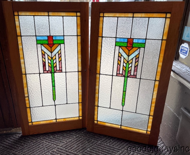 Antique Art Deco Arts & Crafts Stained Leaded Glass Oak Cabinet Door / Window