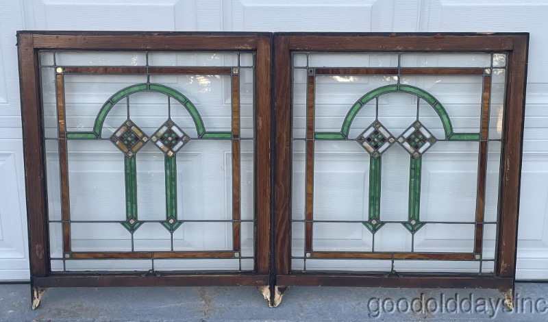 Pair of Antique 1920s Chicago Bungalow Style Stained Leaded Glass Windows 34x30