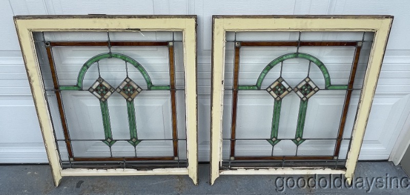 Pair of Antique 1920s Chicago Bungalow Style Stained Leaded Glass Windows 34x30