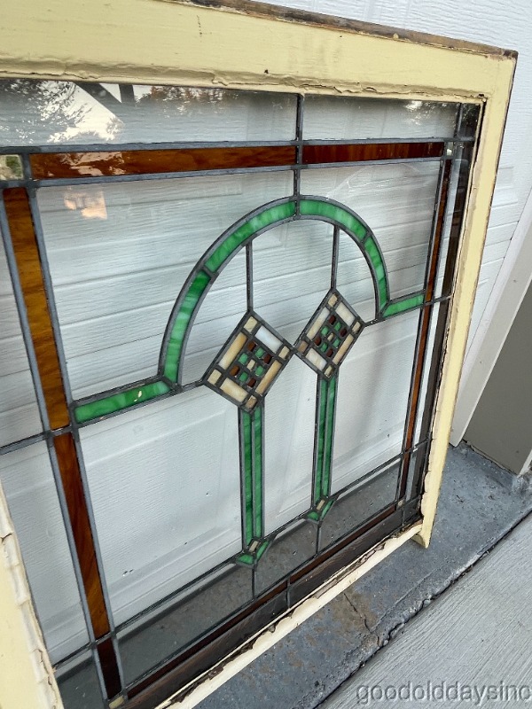 Pair of Antique 1920's Chicago Bungalow Style Stained Leaded Glass Windows 34x30