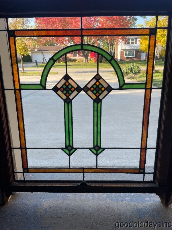 Pair of Antique 1920's Chicago Bungalow Style Stained Leaded Glass Windows 34x30