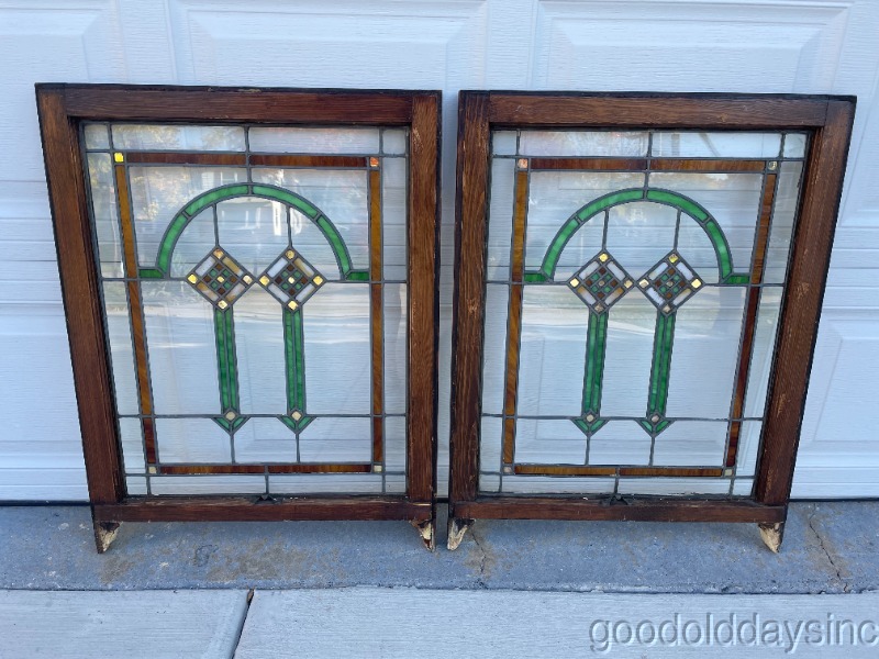 Pair of Antique Stained Leaded Glass Windows Circa 1920 From Chicago 34x26