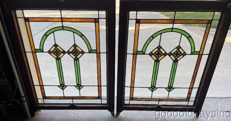 Pair of Antique Stained Leaded Glass Windows Circa 1920 From Chicago 34x26