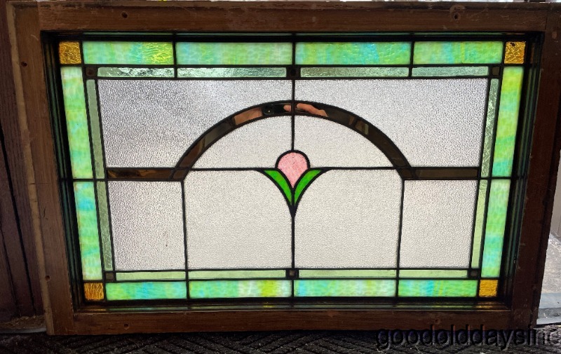 Antique 1920s Chicago Bungalow Stained Leaded Glass Transom Window 34" x 21"