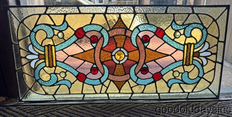 Beautiful Antique Victorian Stained Leaded Glass Transom Window Jewels 32" x 14"