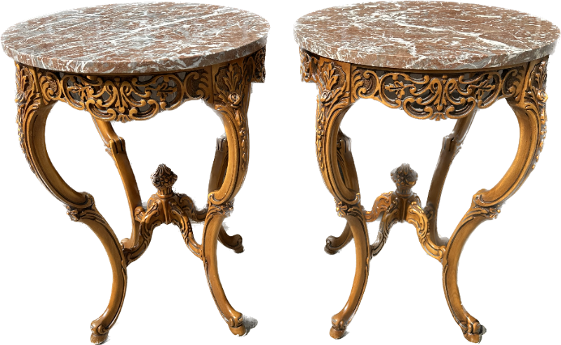2 Antique American French Style Marble top Carved Lamp Tables