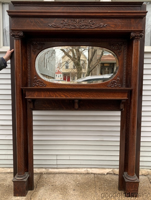 Antique 1890s Carved Oak Fireplace Mantel w/ Oval Beveled Glass Mirror