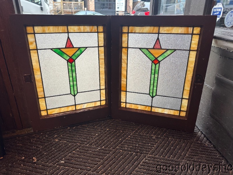 Pair of Antique Stained Leaded Glass Windows from Chicago circa 1925 25"x20"