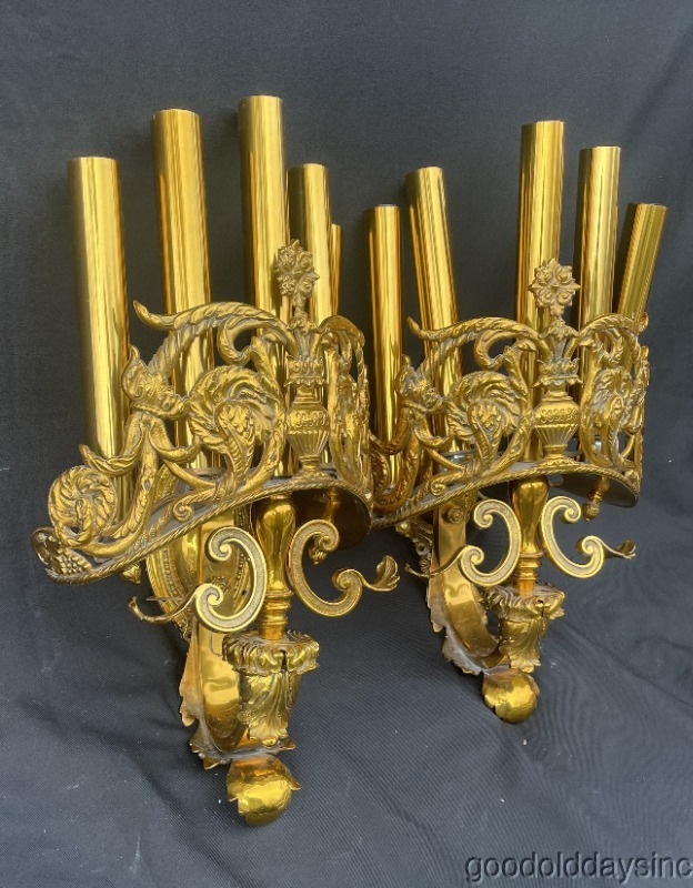 Pair of Large Ornate 1920s Gold Gilt Brass 5 Light Wall Sconce - Tivoli Theater