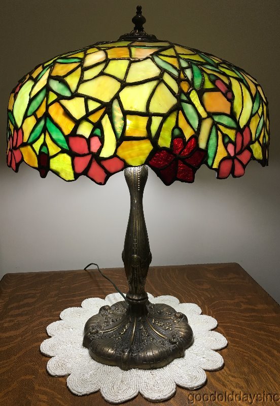 Antique+Chicago+Mosaic+Table+Lamp+1920s+Stained+Leaded+Glass+Shade