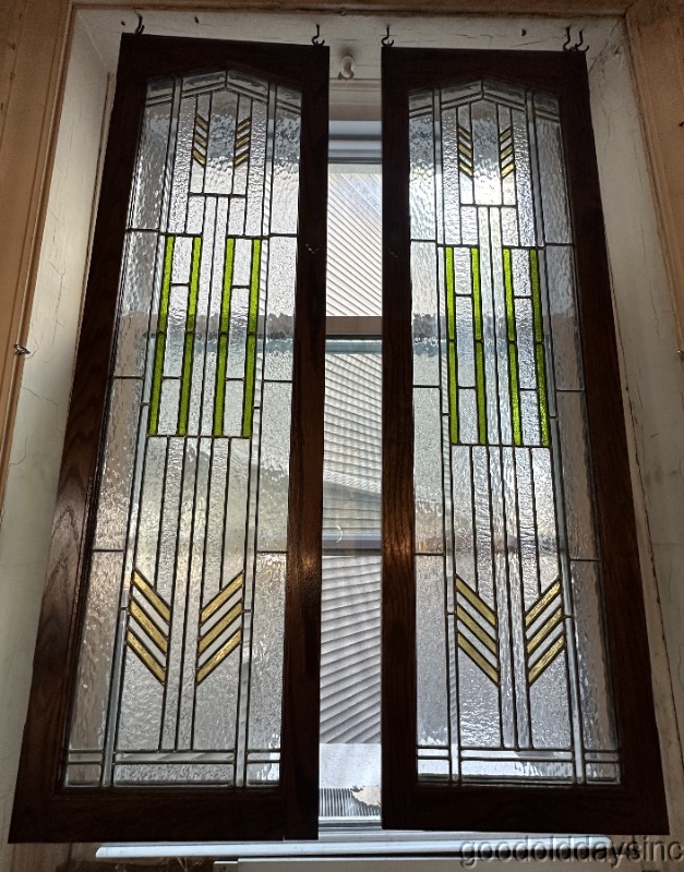 2 of 4 Arts & Crafts Prairie Style Stained Leaded Glass Cabinet Doors / Window 47x14