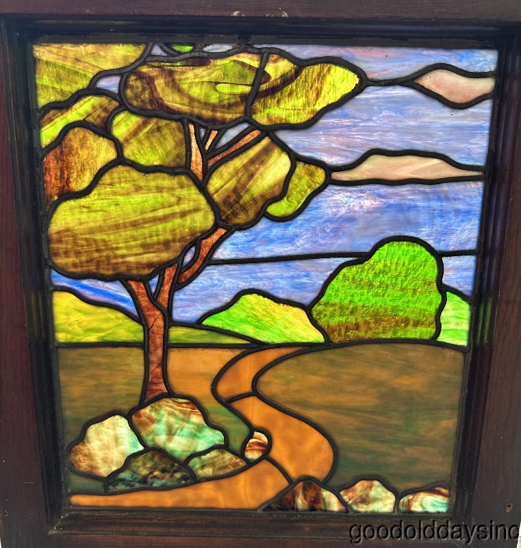 Wow Beautiful Stained Leaded Glass Scene Window 23" x 20"