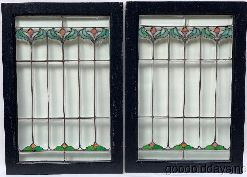 Antique Chicago Beveled & Stained Glass Window Cabinet Doors Circa 1900 34" x 24