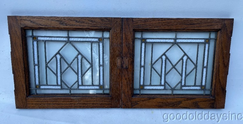 Pair of Antique Stained Leaded Glass Oak Cabinet Doors / Windows Circa 1910