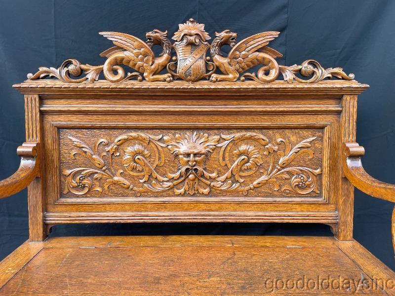 R.J. Horner Antique Solid Oak Storage Bench - Carved Oak with Griffins