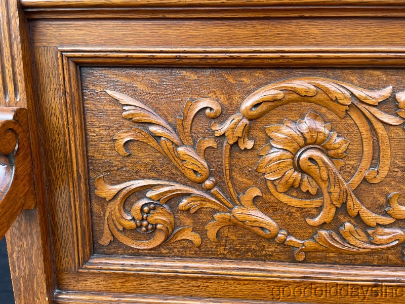 R.J. Horner Antique Solid Oak Storage Bench - Carved Oak with Griffins