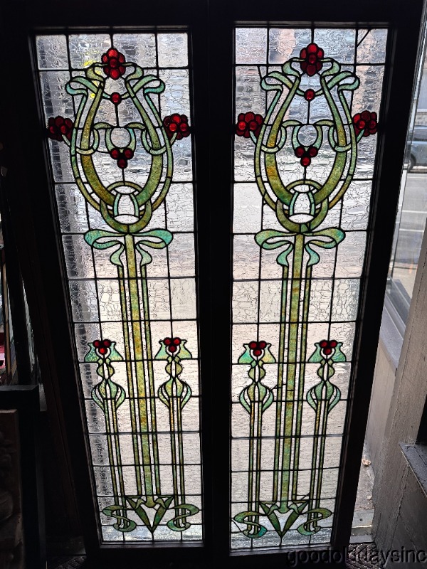 Wow Beautiful Pair of Art Nouveau Stained Leaded Glass Windows w/ Jewels