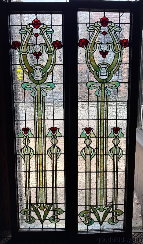 Wow Beautiful Pair of Art Nouveau Stained Leaded Glass Windows w/ Jewels