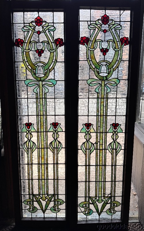 Wow Beautiful Pair of Art Nouveau Stained Leaded Glass Windows w/ Jewels