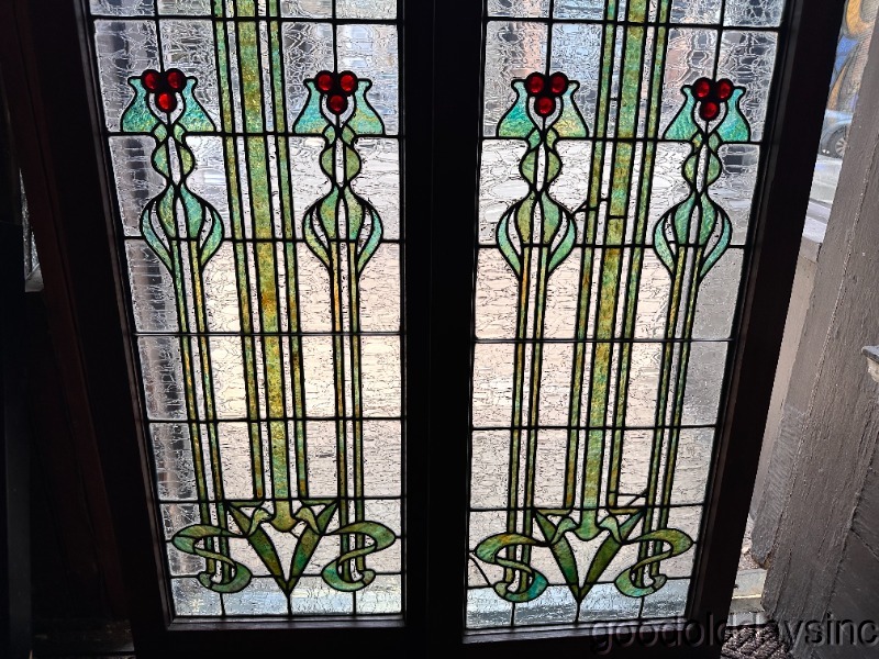 Wow Beautiful Pair of Art Nouveau Stained Leaded Glass Windows w/ Jewels