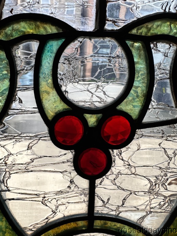 Wow Beautiful Pair of Art Nouveau Stained Leaded Glass Windows w/ Jewels