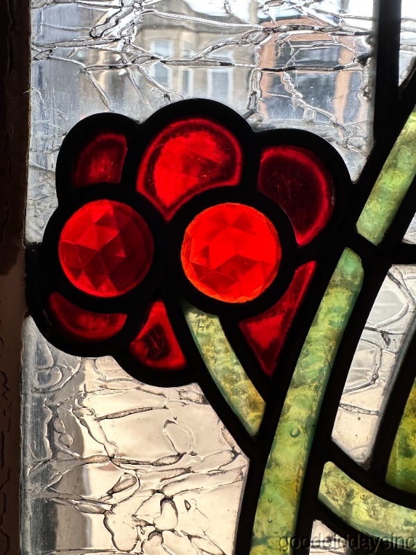 Wow Beautiful Pair of Art Nouveau Stained Leaded Glass Windows w/ Jewels